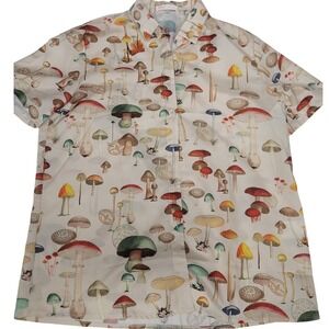 ROMWE Mens Mushroom Print Short Sleeve Button Up Shirt‎ Size S Beige